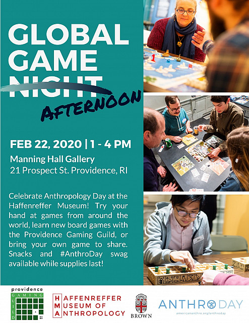 (Alt: Global Game Afternoon poster, featuring three images of people playing board games.)