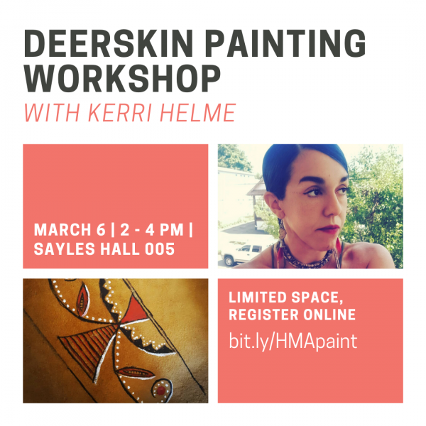 (ALT: Event poster, featuring a profile image of Kerri Helme and a picture of one of her paintings of linework designs painted on deerskin.)