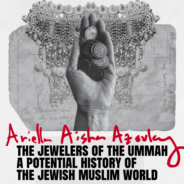 Black and white image of a hand holding jewelry with red and black text.