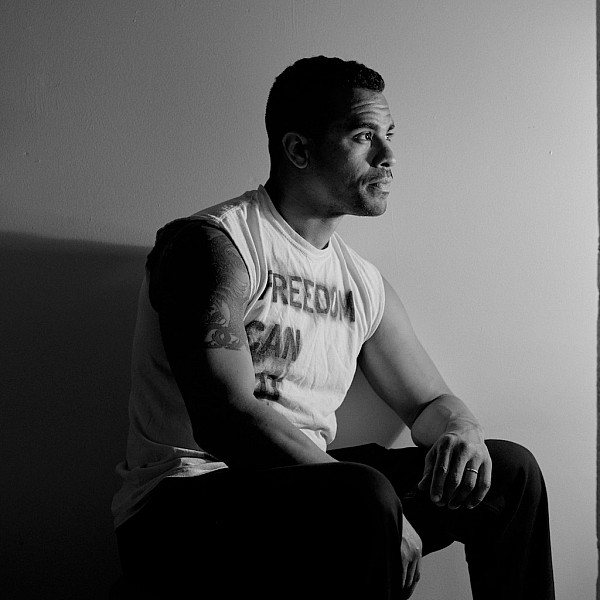 Brooklyn, NY - June 13th, 2018: The artist Shaun Leonardo posing for a portrait at his studio in Dumbo, Brooklyn. Shot for a piece pegged to a performance he's staging at the Guggenheim titled "Primitive Games". Portrait by Vincent Tullo, 2018.