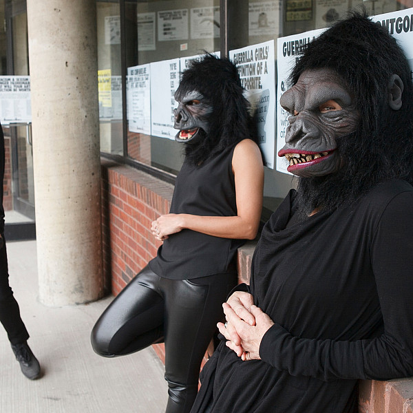 Guerrilla Girls artists Kathe Kollwitz, Zubeida Agha and Frida Kahlo during a press preview for an exhibition of works by the Guerrilla Girls titled "Not Ready To Make Nice: 30 Years And Still Counting," at the Abrams Art Center, 466 Grand St, New York, NY on Thursday, April 30, 2015. Photograph by Andrew Hinderaker