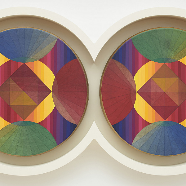 Go Where You Wanna Go, 2020. Acrylic and graphite on elk hide covered hand drums, custom frame. 19 1/2 in diameter. Photo Credit: Max Yawney